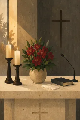 Quiet Church Altar with Flowers and Candles