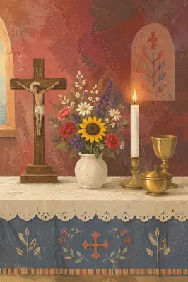 Church Altar Flowers with Candle and Crucifix