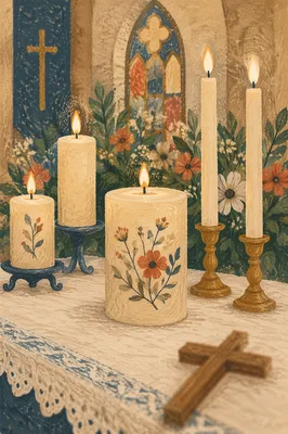 Quiet Church Altar with Flowers and Candles