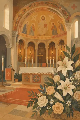 Historic Church Altar with Flowers and Candles
