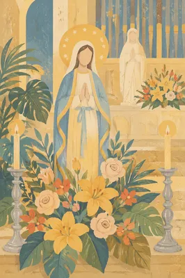 Church Altar Flowers and Candlelit Devotional Statue