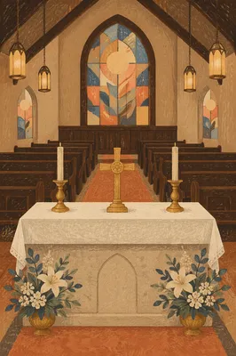Reverent Church Altar with Flowers and Candles