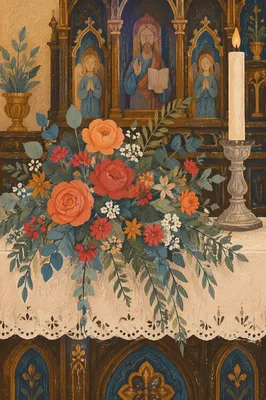 Church Altar Flowers With Candlelight