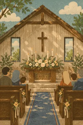 Rustic Chapel Altar with Flowers and Candles