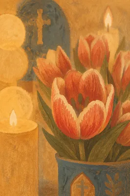 Red Tulips and Candles on Church Altar