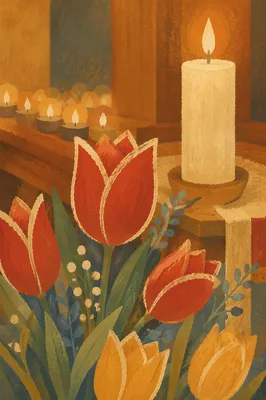 Tulips and Candles on Quiet Church Altar