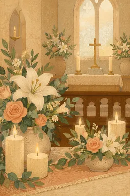 Church Altar Flowers and Glowing Candles