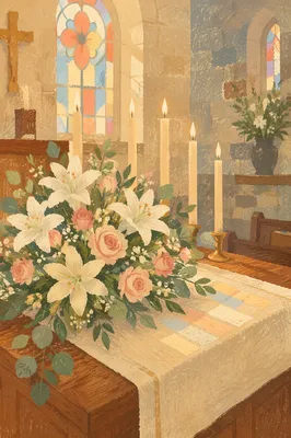 Church Altar Flowers and Glowing Candles