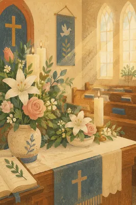 Church Altar Flowers and Candles at Dawn