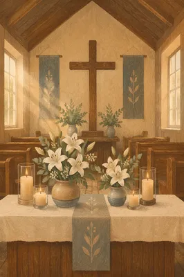Peaceful Church Altar with Lilies and Candles