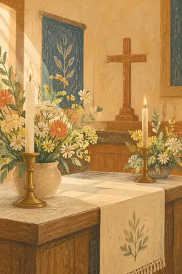 Peaceful Chapel Altar with Flowers and Candles