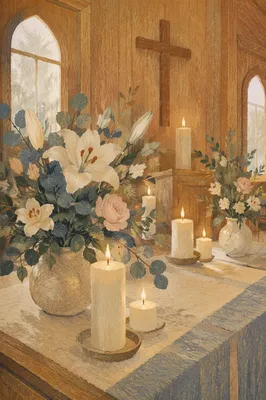 Quiet Church Altar with Flowers and Candles