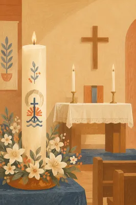 Quiet Church Altar with Flowers and Candles