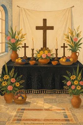 Rustic Church Altar with Flowers and Candles