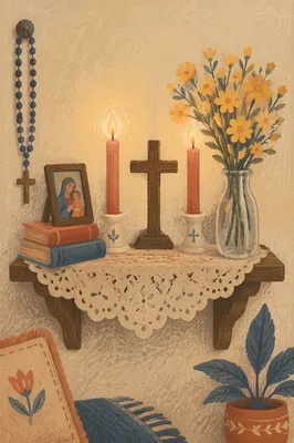 Home Altar with Candles and Yellow Flowers