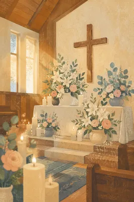 Peaceful Church Altar with Flowers and Candles