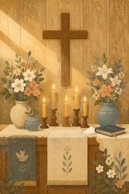 Quiet Chapel Altar with Flowers and Candles