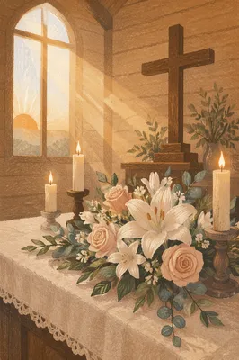 Quiet Chapel Altar with Flowers and Candles