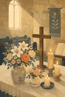 Peaceful Church Altar with Flowers and Candles