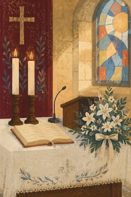 Church Altar Flowers and Candlelight Worship