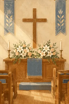 Morning Church Altar with Flowers and Candles