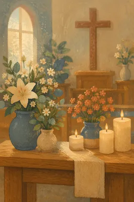 Quiet Chapel Altar with Flowers and Candles