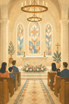Serene Church Altar with Flowers and Candles