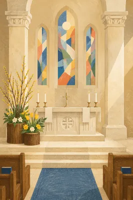 Serene Church Altar with Flowers and Candles