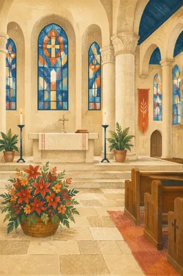 Church Altar Flowers and Candlelit Sanctuary