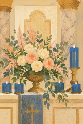 Traditional Church Altar Flowers with Blue Candles