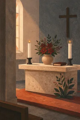 Quiet Church Altar with Flowers and Candles