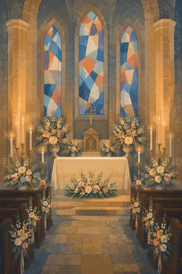 Candlelit Church Altar with Soft Flowers