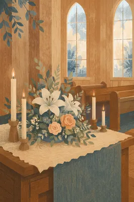 Quiet Chapel Altar with Flowers and Candles