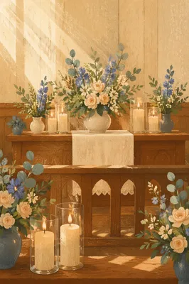 Peaceful Chapel Altar with Flowers and Candles