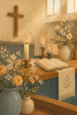 Sunday Chapel Altar with Flowers and Candles