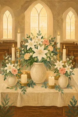 Peaceful Church Altar with Flowers and Candles