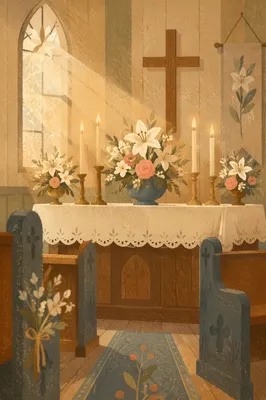 Peaceful Church Altar with Flowers and Candles
