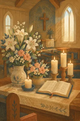 Quiet Chapel Altar with Flowers and Candles