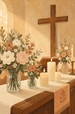 Peaceful Church Altar with Flowers and Candles