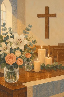 Peaceful Church Altar Flowers and Candles