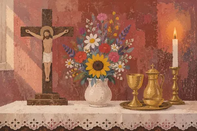Quiet Church Altar with Flowers and Candle