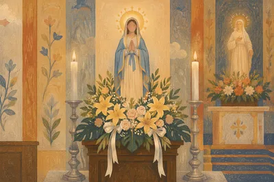 Serene Church Altar with Flowers and Candles