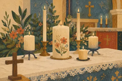 Church Altar Candles with Flowers and Cross