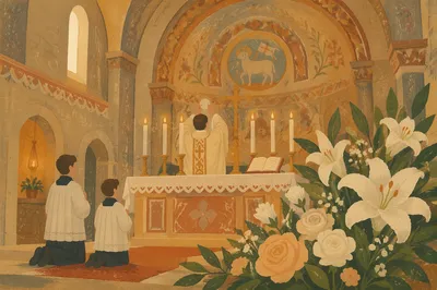 Historic Church Altar with Flowers and Candles