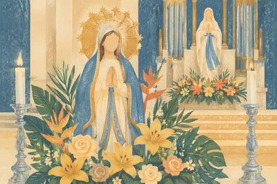 Church Altar Flowers with Candlelit Devotional Statue