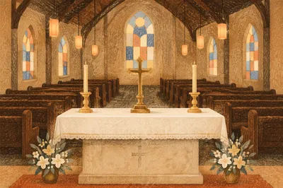Reverent Church Altar with Flowers and Candles