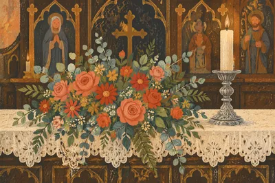 Church Altar Flowers and Candle Display