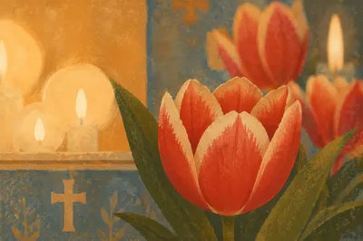 Red Tulips and Candles on Church Altar