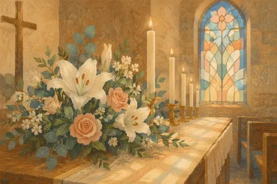 Church Altar Flowers and Candlelight Still Life