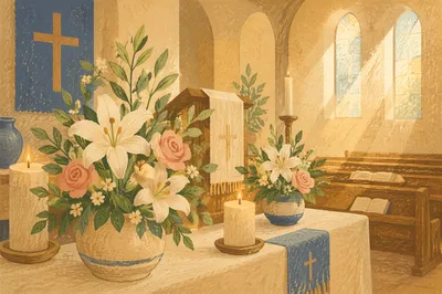 Morning Church Altar Flowers and Candles